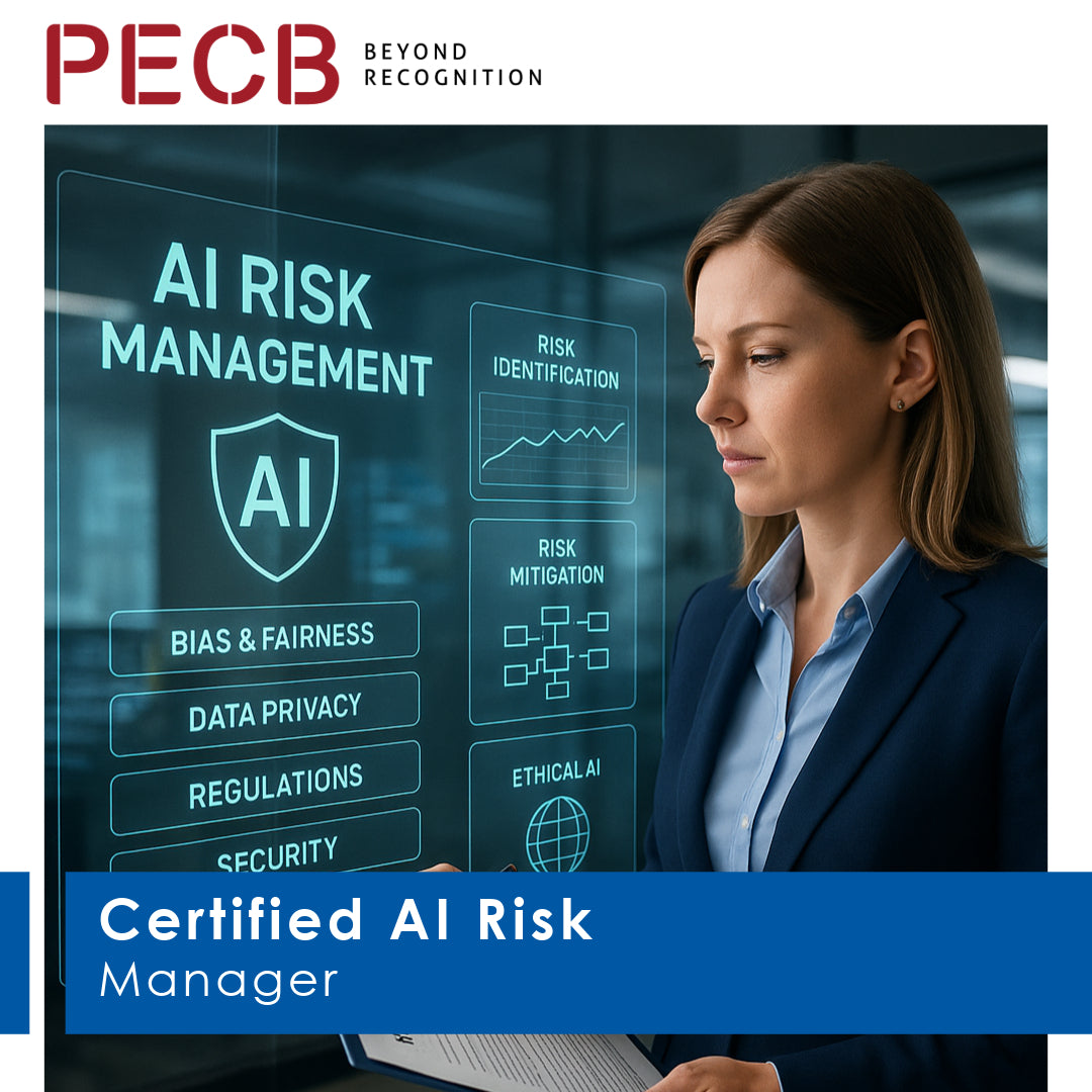 Woman looking at a screen with AI risk management information, featuring PECB branding.