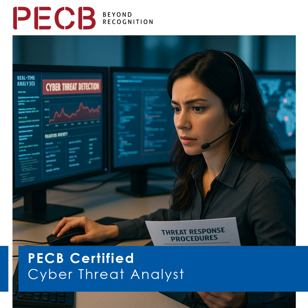 A person working at a desk with multiple monitors displaying cybersecurity-related information, with a 'PECB Certified Cyber Threat Analyst' badge visible.