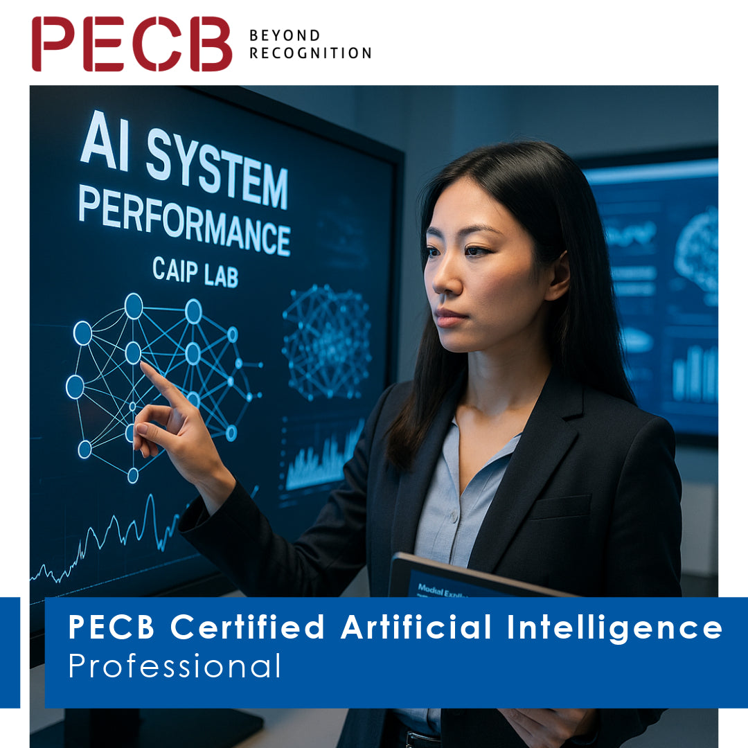 Promotional image for PECB Certified Artificial Intelligence Professional featuring a person pointing at a digital display with AI system performance metrics.