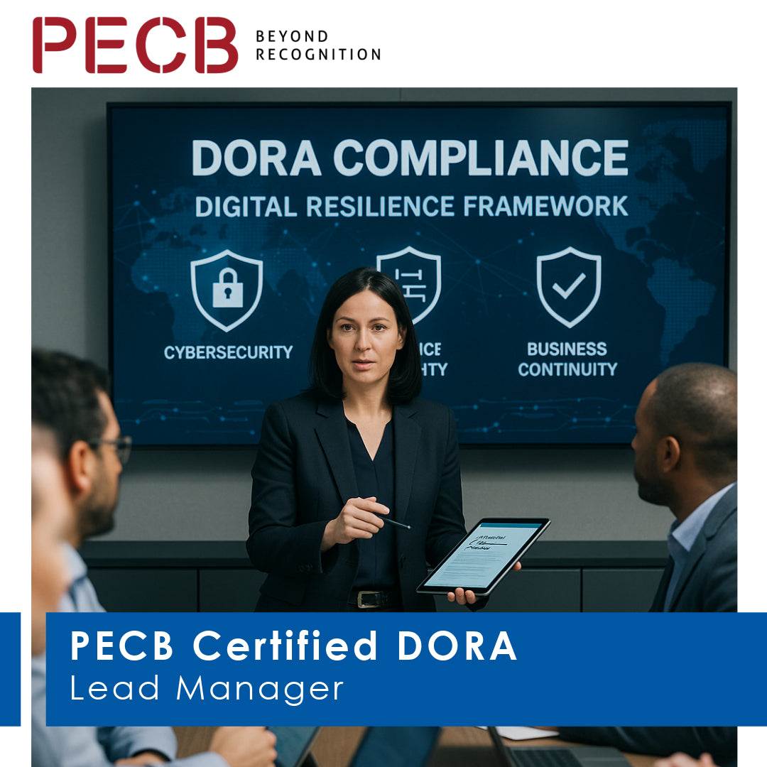 A promotional image featuring a woman presenting in front of a screen displaying the DORA Compliance Digital Resilience Framework. The text highlights the PECB Certified DORA Lead Manager course.