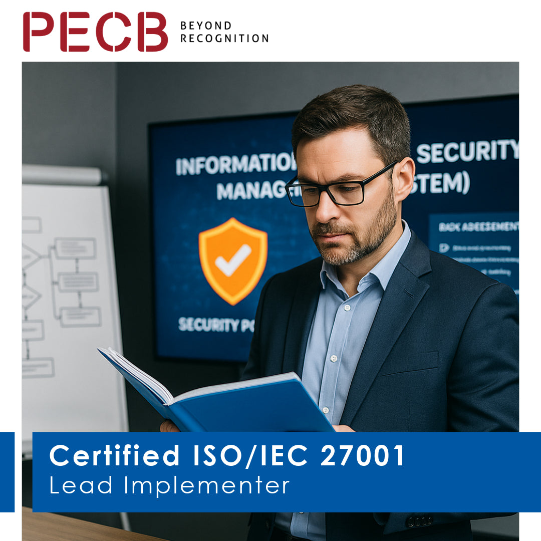 Man in a suit reading a book with PECB logo and text about ISO/IEC 27001 certification.