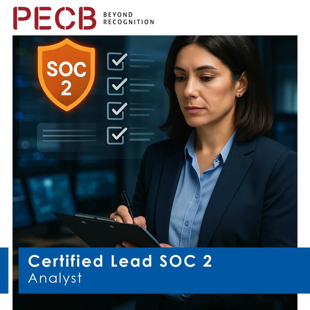 Woman in professional attire holding a tablet with SOC 2 certification graphic, PECB branding visible.