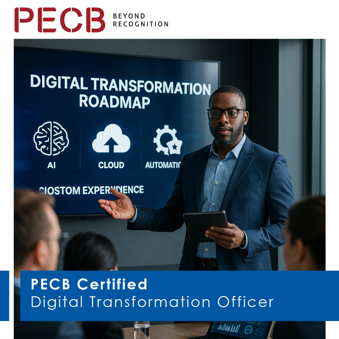 A man presenting in front of a screen displaying 'Digital Transformation Roadmap' with icons for AI, Cloud, Automation, and Customer Experience. Text on the image indicates 'PECB Certified Digital Transformation Officer'.