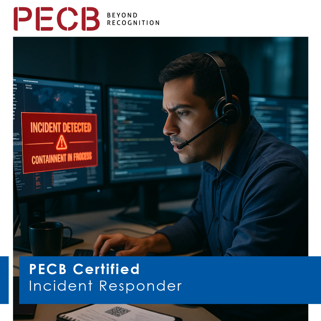 A man sitting in front of a computer monitor with a ' Incident Detected' alert on the screen, wearing a headset, indicating the role of a Certified Incident Responder.