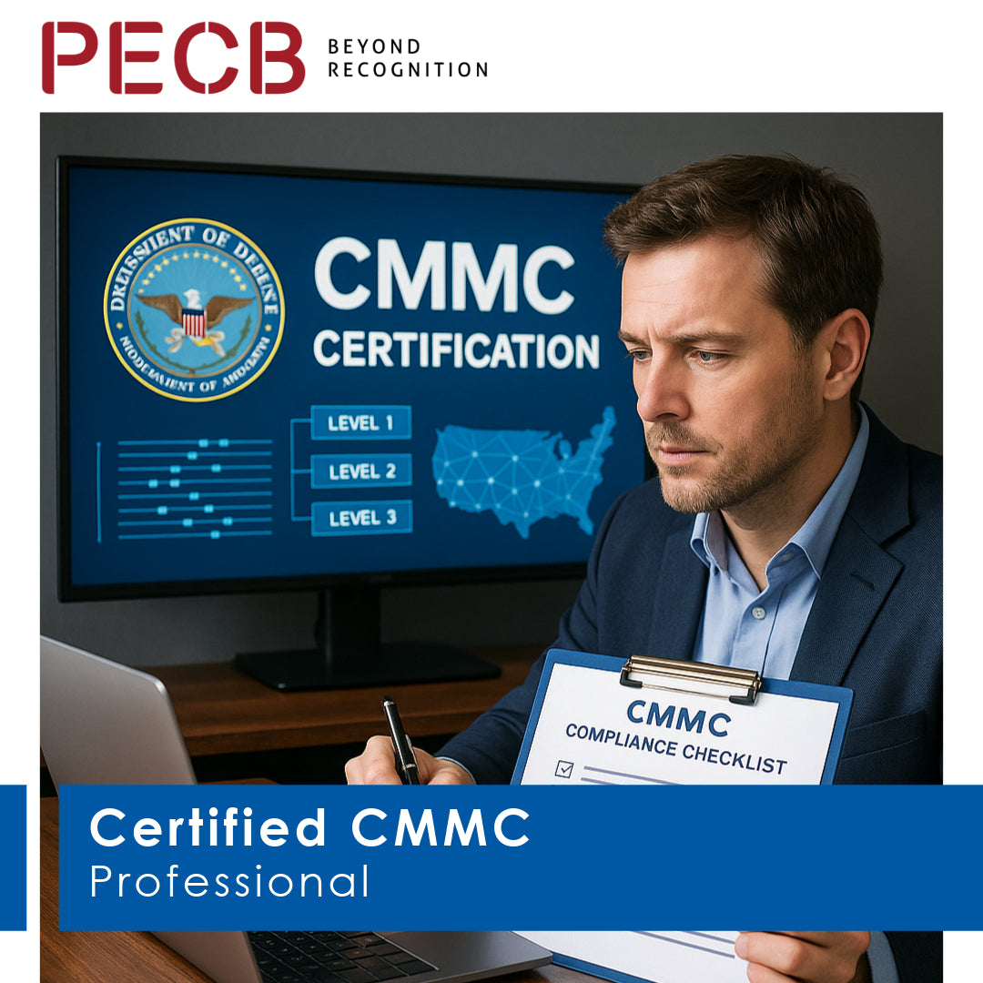 Man holding a CMMC Compliance Checklist in front of a computer screen displaying CMMC Certification information.