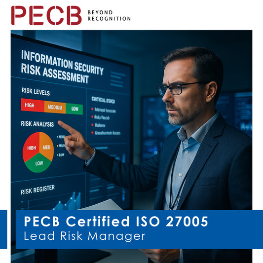 Promotional image featuring a man presenting information security risk assessment concepts, with a graphic indicating risk levels on a screen, related to the PECB Certified ISO 27005 Lead Risk Manager course.