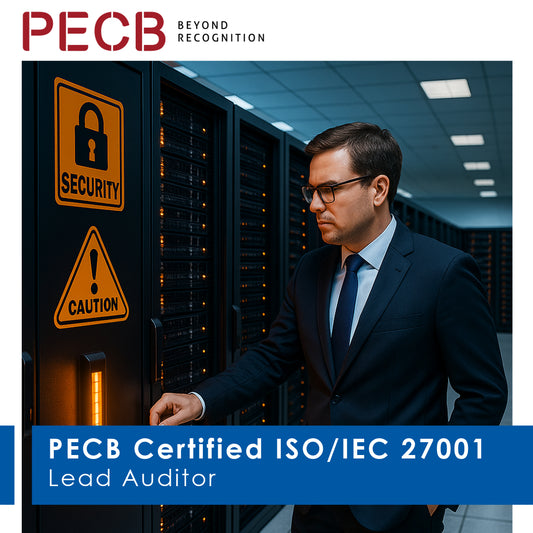 A man in a suit standing in a server room with a 'SECURITY' and 'CAUTION' sign in the background, promoting PECB Certified ISO/IEC 27001 Lead Auditor training course.