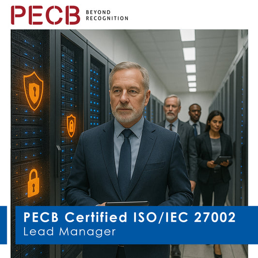 Promotional image featuring a man in business attire, with a group of individuals in the background, standing in a server room. The image has text overlay related to PECB Certified ISO/IEC 27002 Lead Manager.