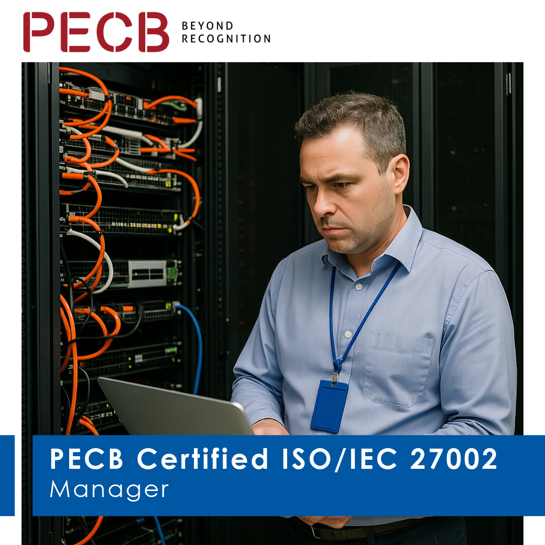 A man in a data center environment, working on a laptop with the text 'PECB Certified ISO/IEC 27002 Manager' displayed.