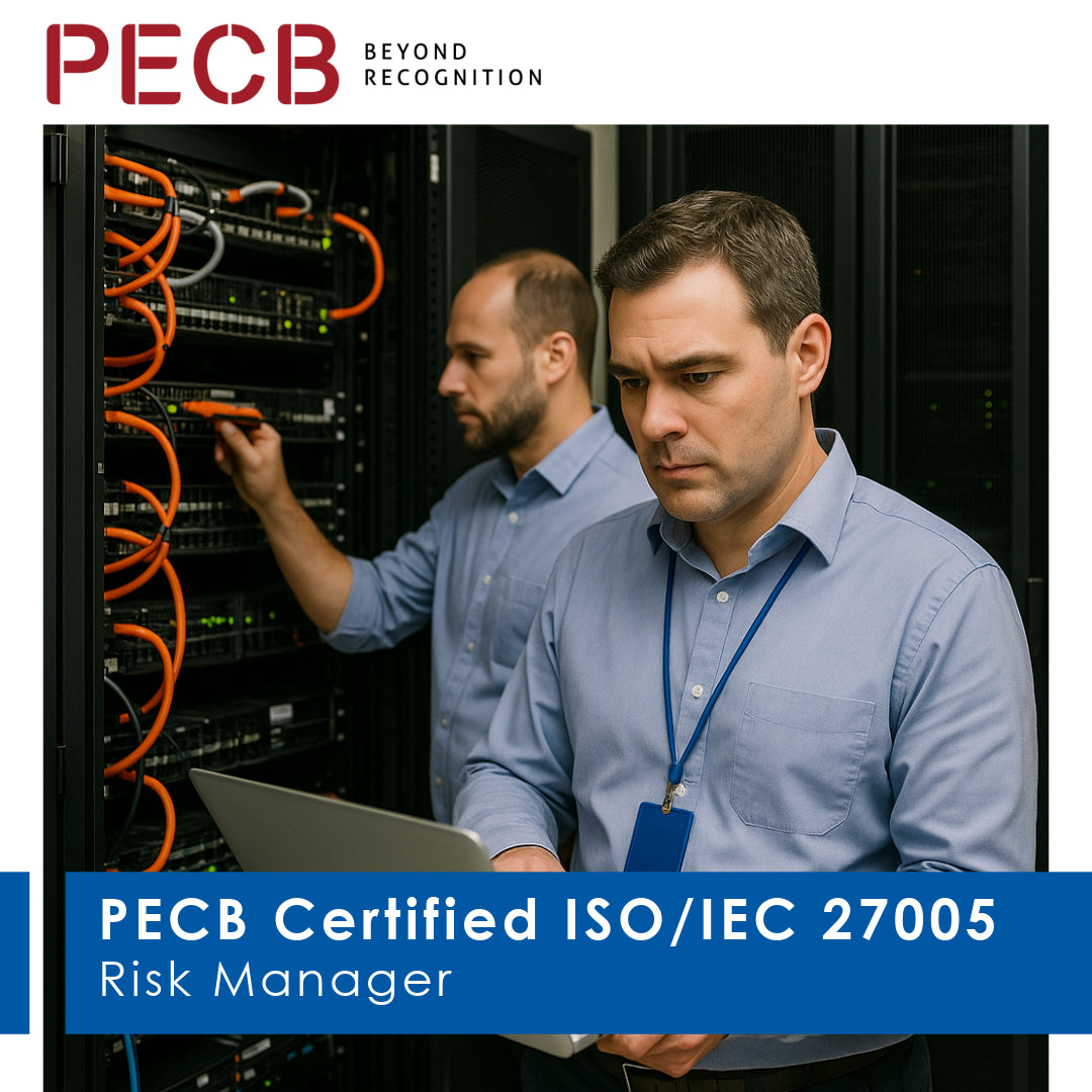 Promotional image featuring two individuals in a server room environment. One person is holding a laptop and wearing a lanyard with the text 'PECB Certified ISO/IEC 27005 Risk Manager'.