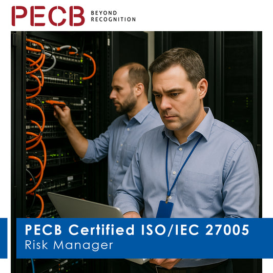 Promotional image featuring two individuals in a server room environment. One person is holding a laptop and wearing a lanyard with the text 'PECB Certified ISO/IEC 27005 Risk Manager'.