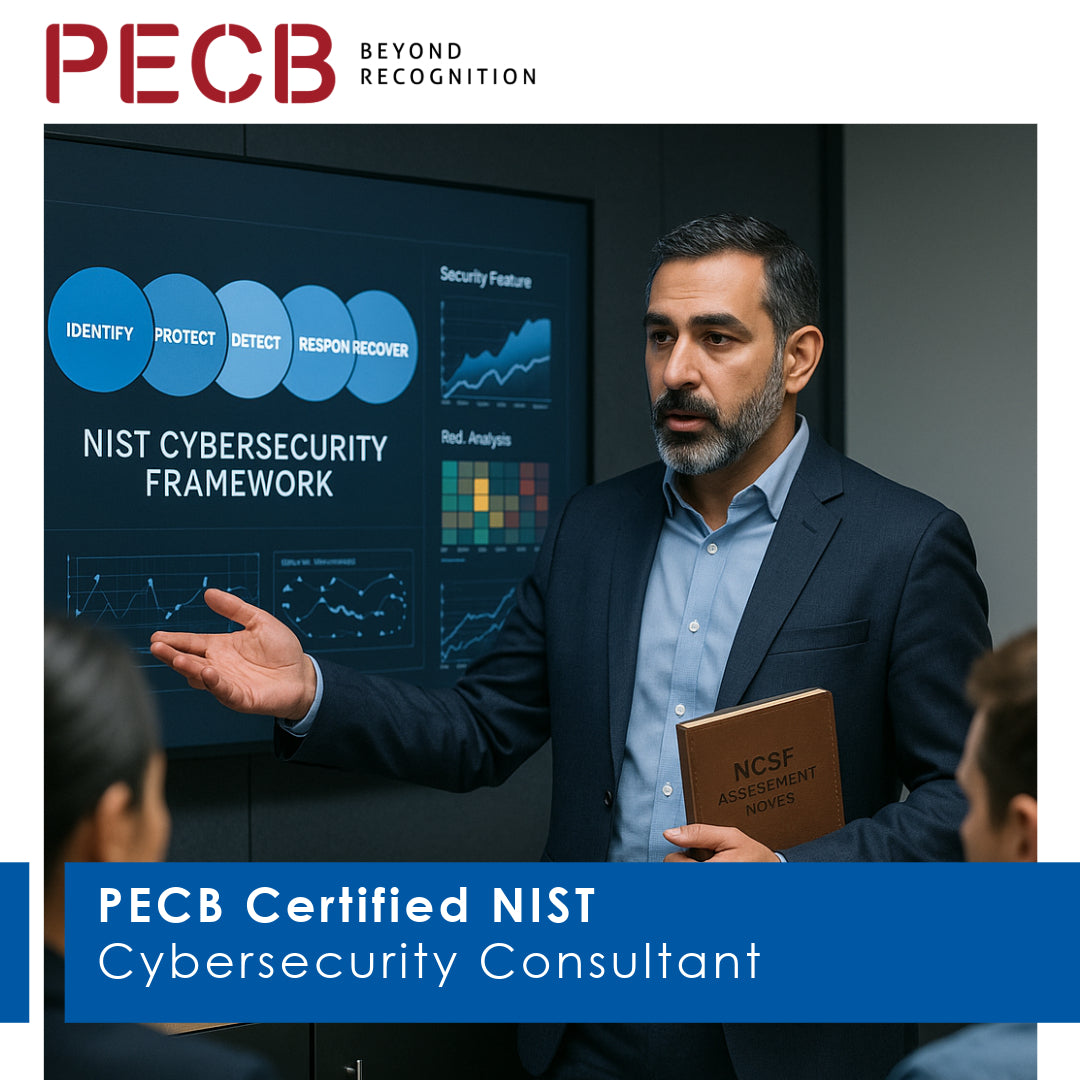 A man presenting in front of a class on NIST Cybersecurity Framework, holding a book and wearing a suit.