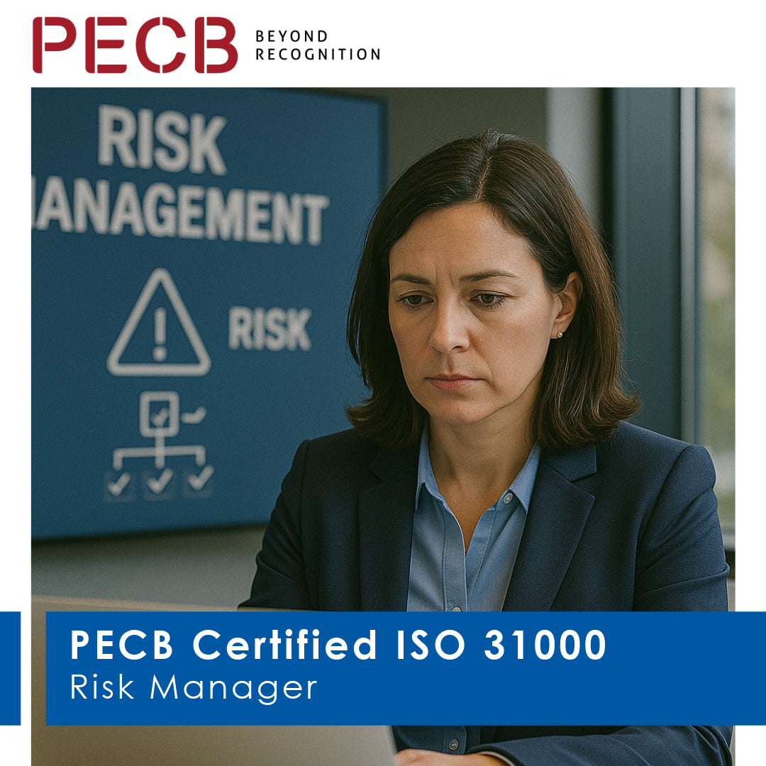 Promotional image featuring a woman in business attire, sitting at a desk with documents, with a sign in the background indicating risk management and the PECB Certified ISO 31000 Risk Manager title.