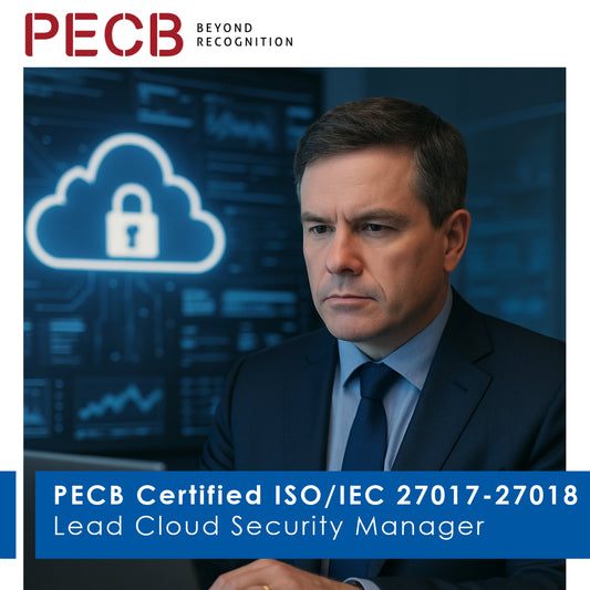 Promotional image featuring a man in professional attire with a cloud and lock graphic in the background, highlighting the PECB Certified ISO/IEC 27017-27018 Lead Cloud Security Manager qualification.