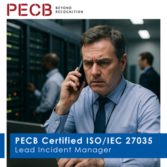 A man in business attire speaking on a mobile phone, with a background suggesting a professional setting, possibly related to information technology or security. The image has text overlay indicating 'PECB Certified ISO/IEC 27035 Lead Incident Manager'.