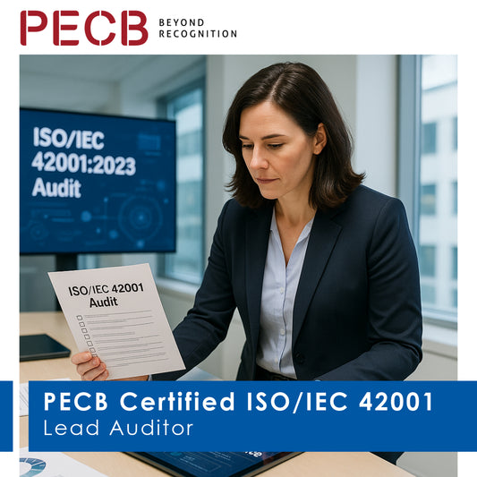 A person sitting at a desk with a laptop and holding a document related to ISO/IEC 42001:2023 Audit, with a certification seal for 'PECB Certified ISO/IEC 42001 Lead Auditor' displayed.