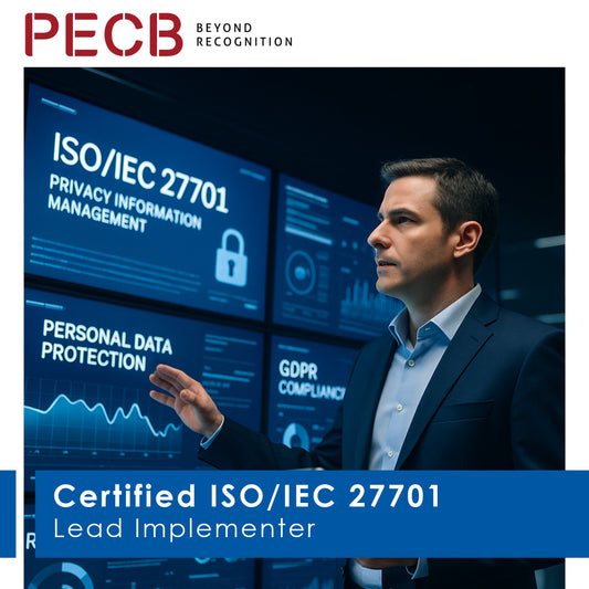 Man in a suit standing in front of screens displaying ISO/IEC 27701 and GDPR compliance information, with PECB branding.
