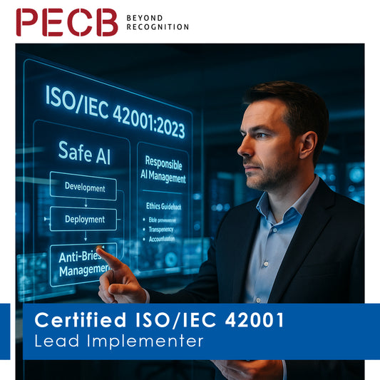 Man interacting with a digital interface displaying ISO/IEC 42001 with PECB branding.