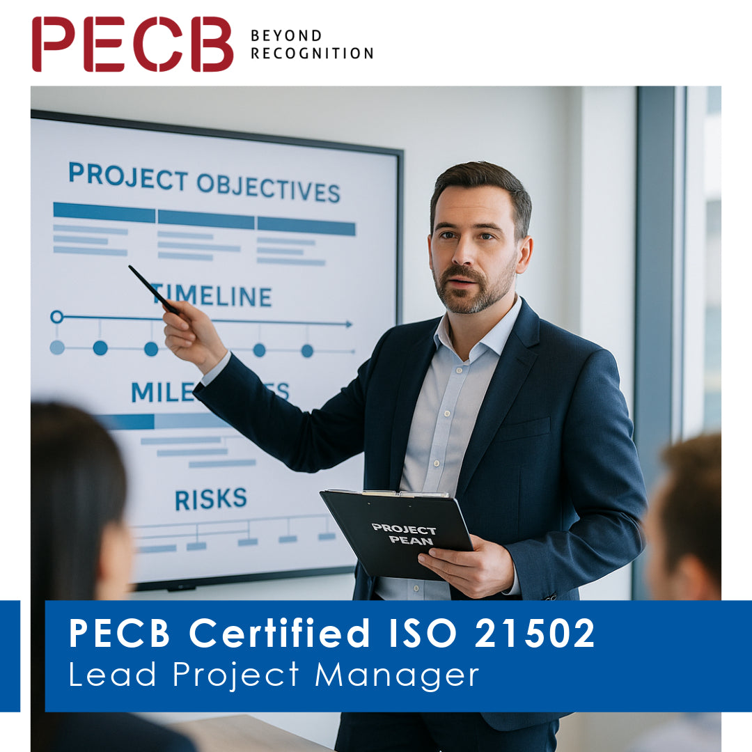 Promotional image for PECB Certified ISO 21502 Lead Project Manager course featuring a man presenting in front of a screen with project management-related content.
