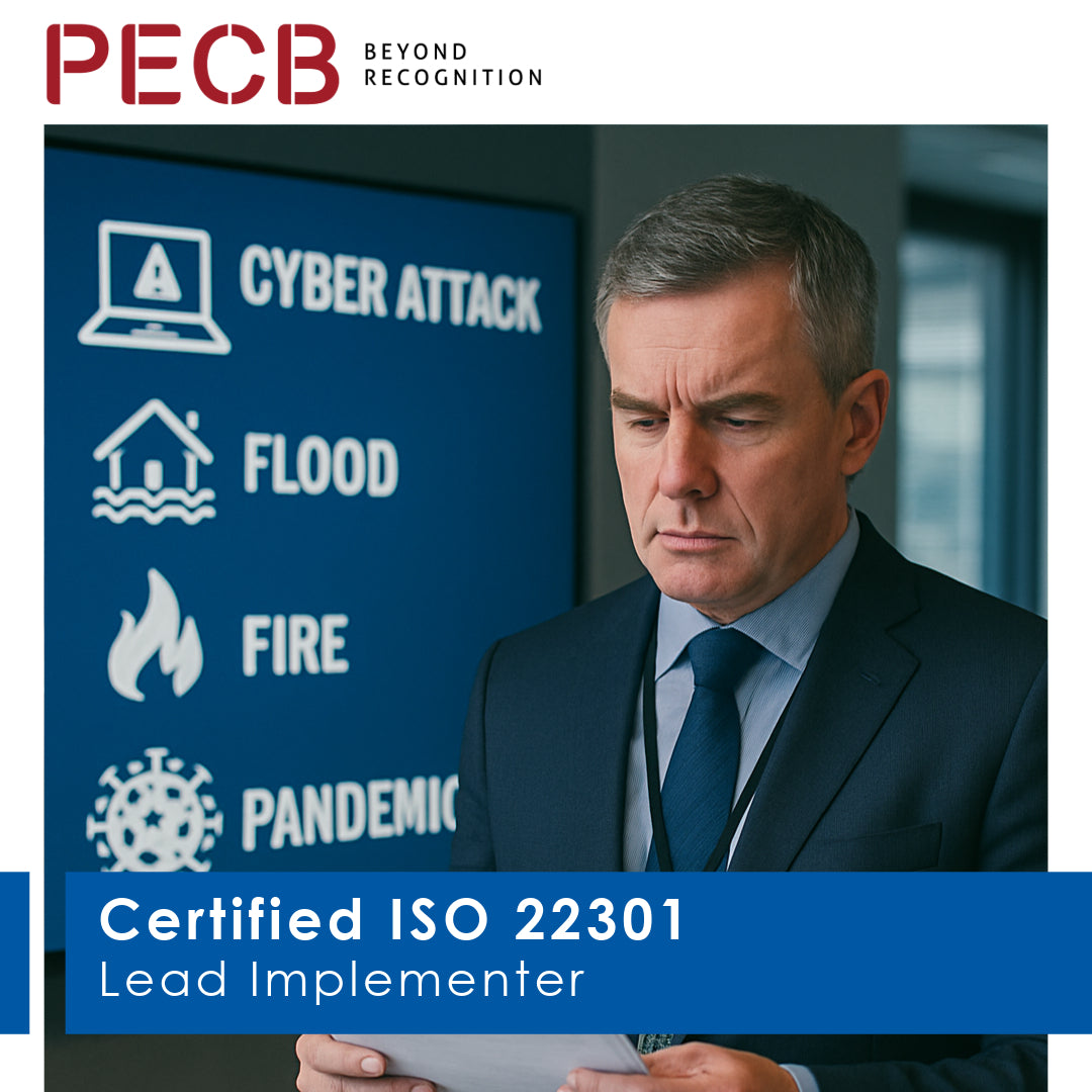 Man in a suit standing in front of a board with icons and text, with PECB branding.
