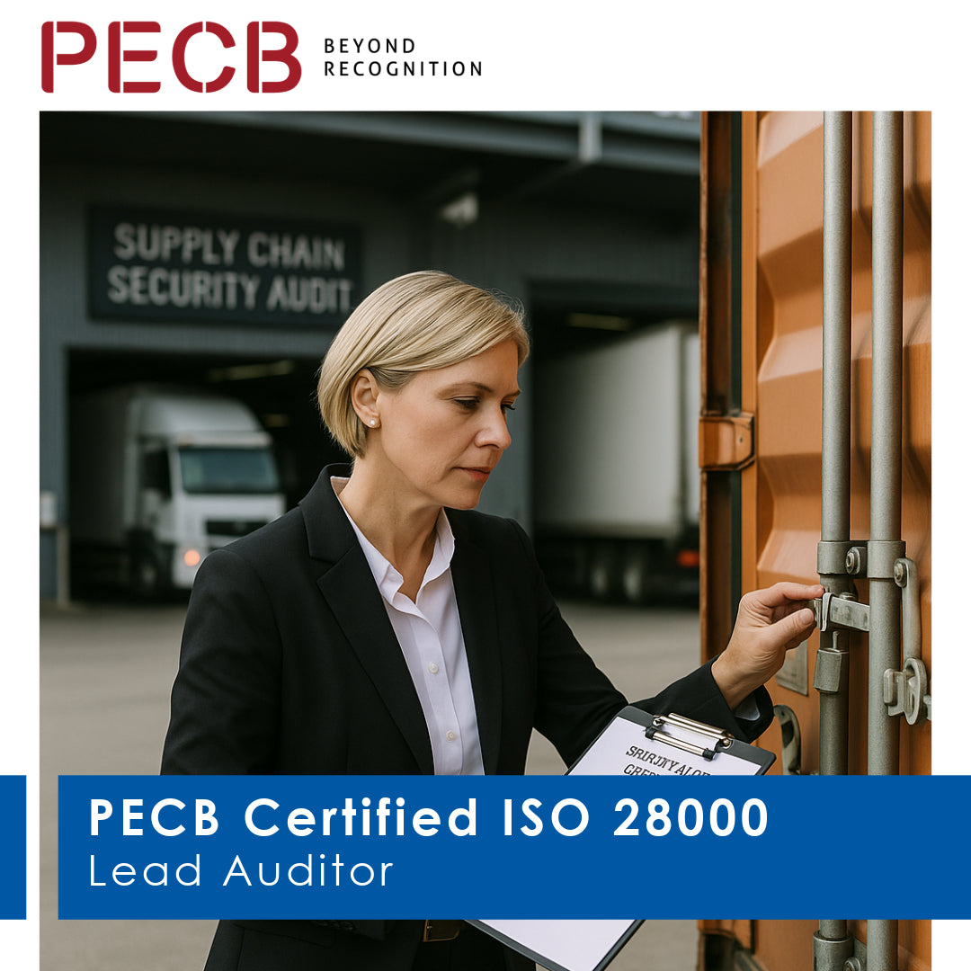 Promotional image featuring a woman in business attire conducting an audit, with the text 'PECB Certified ISO 28000 Lead Auditor' overlayed.