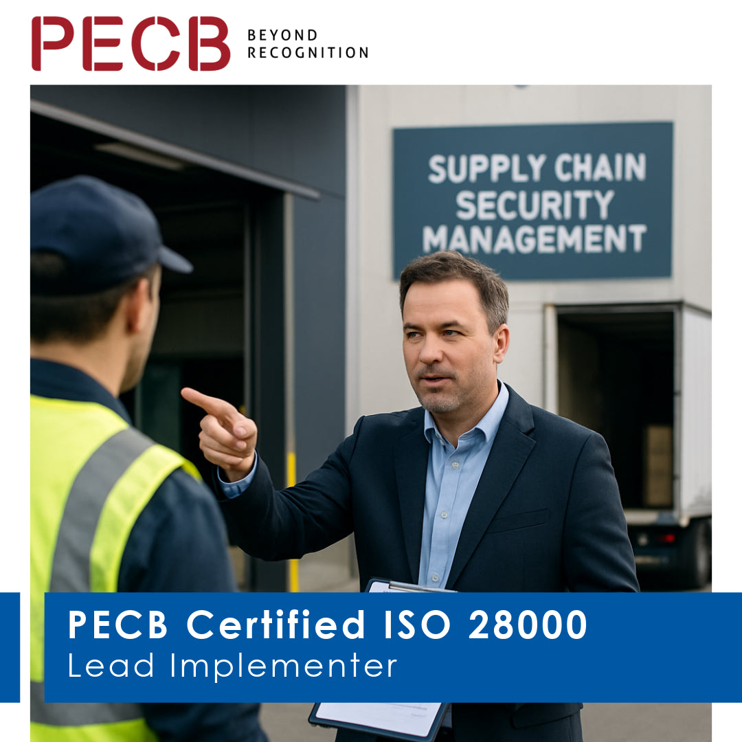 Promotional image featuring two individuals, one in a supply chain security management role, and the other as a PECB certified ISO 28000 Lead Implementer, with a background indicating the theme of supply chain security.