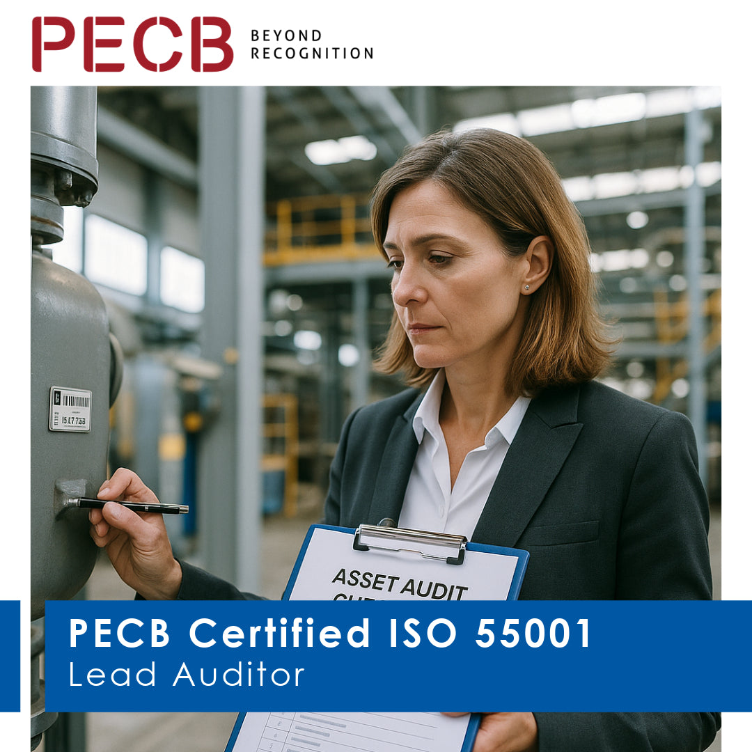 A person in a professional setting, holding a clipboard with 'ASSET AUDIT' written on it, with the text 'PECB Certified ISO 55001 Lead Auditor' indicating the training or certification topic.