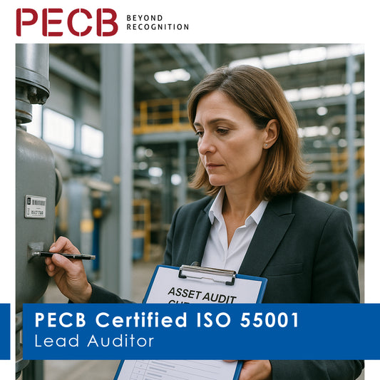 A person in a professional setting, holding a clipboard with 'ASSET AUDIT' written on it, with the text 'PECB Certified ISO 55001 Lead Auditor' indicating the training or certification topic.