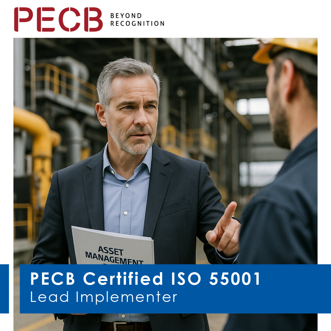Promotional image featuring two individuals in a industrial setting with text overlay about PECB Certified ISO 55001 Lead Implementer.