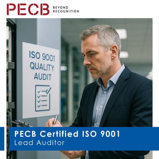 A man in business attire standing in front of a sign that reads 'PECB Certified ISO 9001 Quality Audit'. The man appears to be writing or checking a list.
