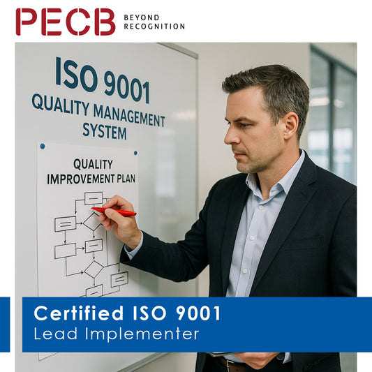 Man in a suit pointing at a whiteboard with ISO 9001 quality management system text, with PEFCB branding.
