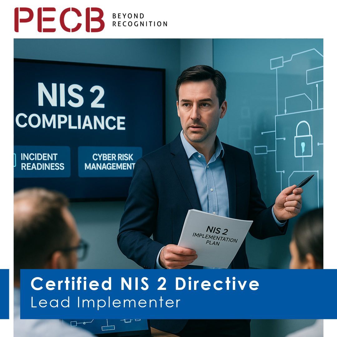 Man presenting NIS 2 Compliance plan with PECB branding