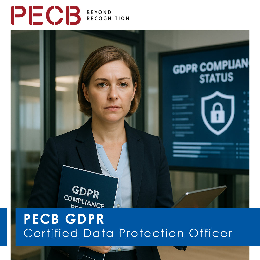 Promotional image featuring a woman with a serious expression, holding a folder that mentions 'GDPR COMPLIANCE'. In the background, there is a sign that reads 'GDPR COMPLIANCE STATUS' with a padlock symbol, indicating the theme of data protection.